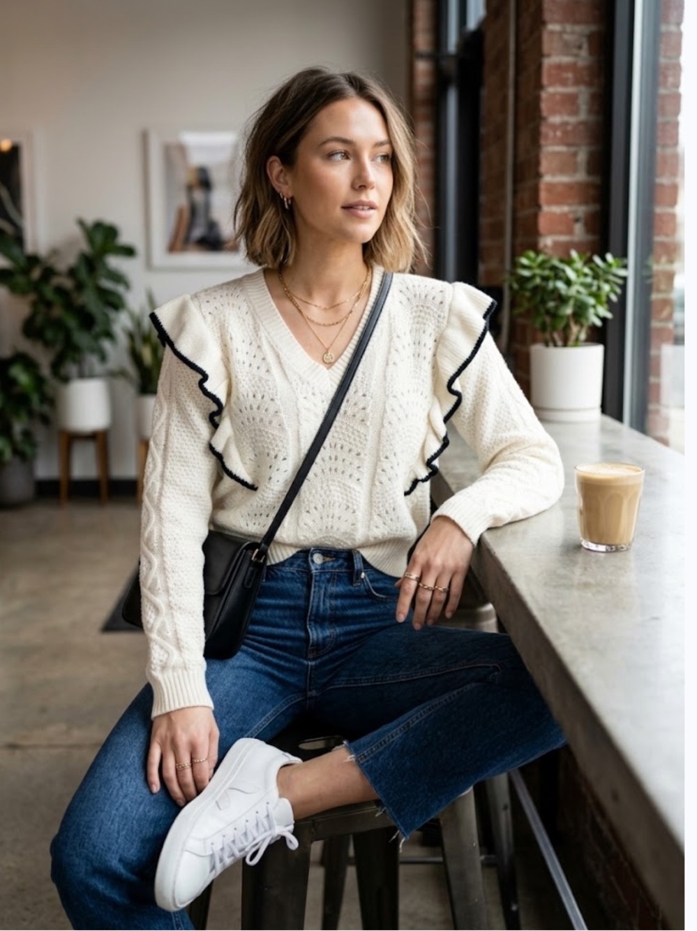 Women's Cream V-Neck Ruffle-Trim Cable Knit Sweater
